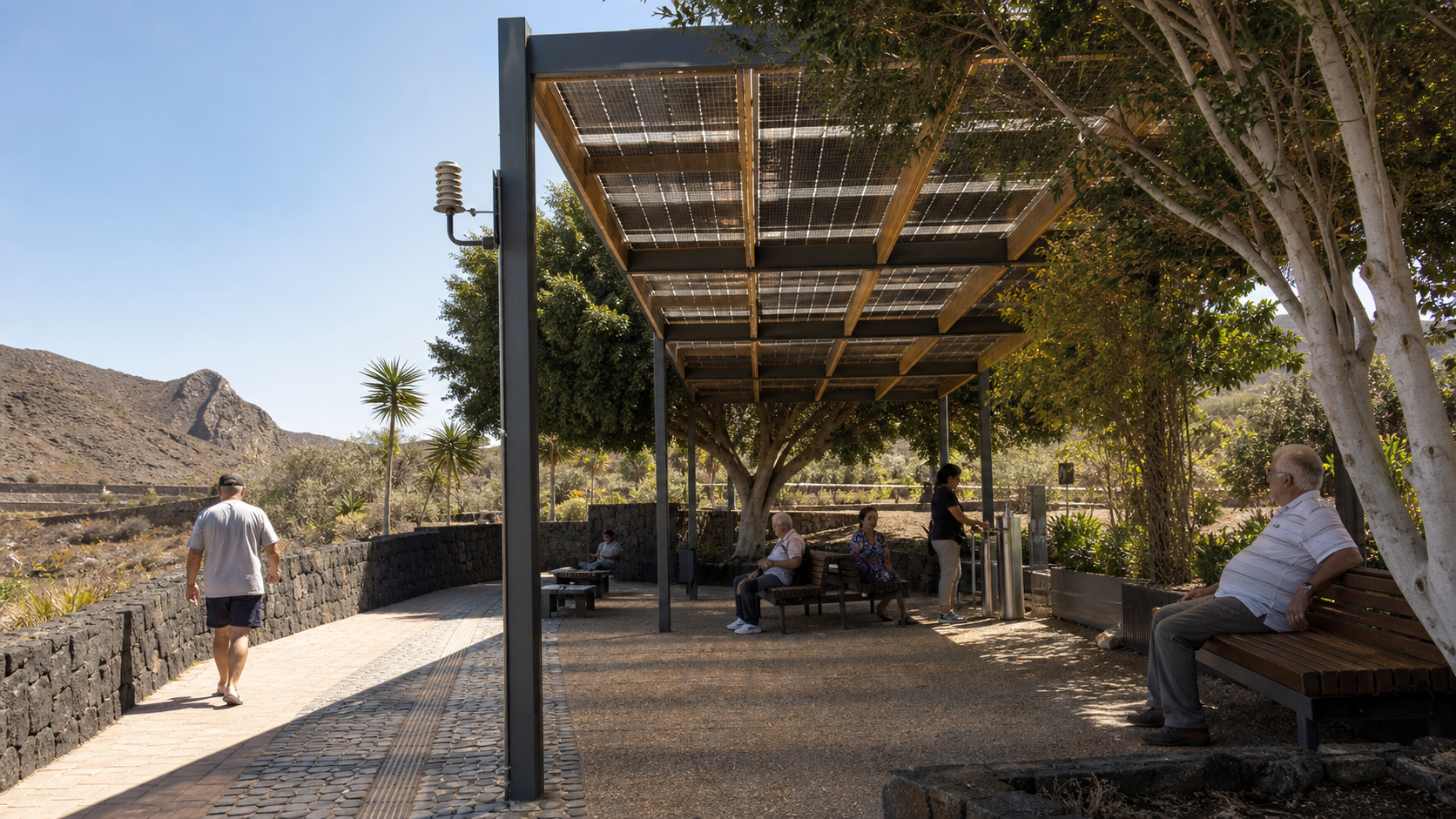 Escena conceptual de un refugio climático canario con sombra, arbolado, agua, itinerario accesible y pérgola fotovoltaica